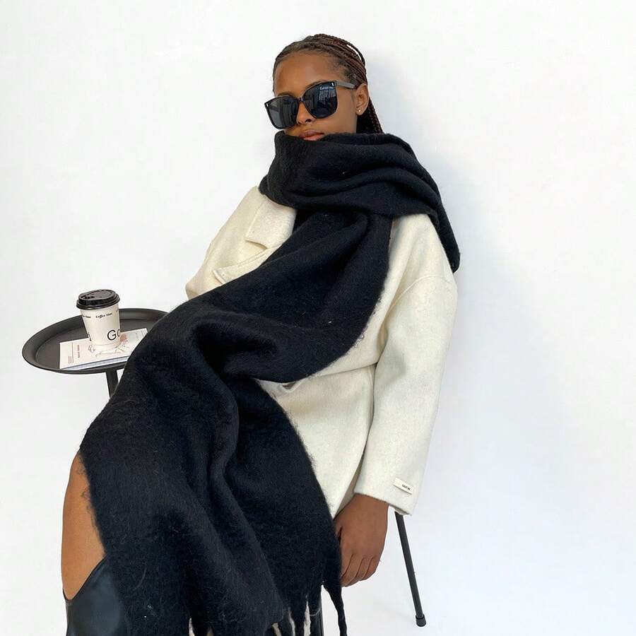 Women's Winter Plush Scarf With Tassel Trim - Luxurious Long Fringe Scarves, Soft Warm Windproof Collar For Cold Weather, Elegant White/Blue/Black/Pink Scarves (Non-Elastic, Hand Washable-Like Care) - Christmas Gift Accessory, Size 86 In*16 In - màu đen - Xem 1