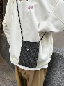 1个蓝白格子帆布水瓶套，带按扣和抽绳，韩版休闲街头风斜挎包，男女皆宜，适合日常户外使用 - 彩色 - 查看 5