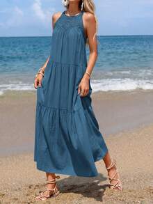 Women Summer Sleeveless Loose Dress Casual Hollow Out Halter Sleeveless Boho Long Sundress Spring Beach Holiday Vacation Valentine Long Maxi Dress