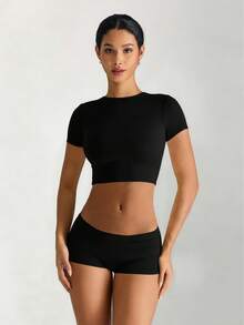 XLLAIS 2025 Women's Fitted Short Sleeve Crew Neck Sports T-Shirt, Cooling & Warm Layering, Cute Summer Top Casual Black - Black - View 6
