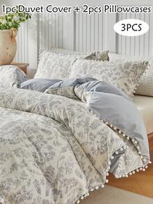 3pcs Floral & Plant Pattern Digital Print Duvet Cover Set, With Pom Pom Tassel, Modern Farmhouse Style Bedding Set, Queen Size, Soft & Breathable, Machine Washable (1 Duvet Cover + 2 Pillow Shams) - Multicolor - View 1