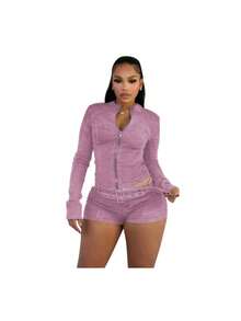 Women's High-Street Denim Shorts Set | Long Sleeve Stretch Slim Belted Two-Piece Outfit - 粉色 - 查看 3