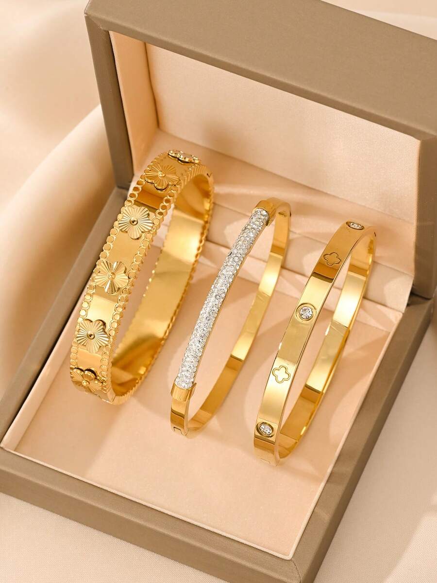 3pcs/Set 18K Gold Plated Stainless Steel Bracelet Set, Classic Versatile Luxury Jewelry Suit, Suitable For Women's Party, Daily Wear, Holiday Gift, Lover, Relatives, Friends, Banquet, Street Style, Gathering, Music Festival, Beach Vacation - Gold - View 1