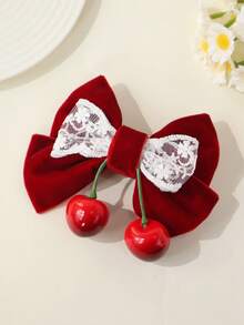 1pc Girls' Burgundy Velvet Lace Bow Cherry Decor Side Ponytail Cute & Elegant Bow Hair Clip - Burgundy - View 6