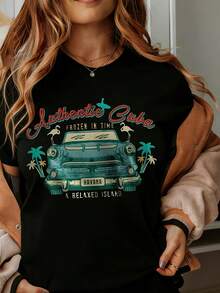 Authentic  Frozen In Time Vintage Car Havana Relaxed Island T Shirt Women Summer Travel Beach Vacation Graphic Tee - màu đen - Xem 1