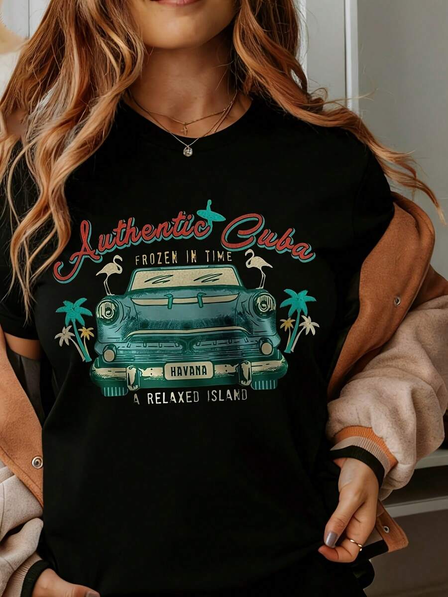 Authentic  Frozen In Time Vintage Car Havana Relaxed Island T Shirt Women Summer Travel Beach Vacation Graphic Tee - màu đen - Xem 1