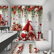 1/4 Piezas Conjunto de decoración del Día de San Valentín, con figuritas de gnomos en pareja con corazón, rosa y patrones florales. Esta adorable y romántica cortina de ducha roja y rosa es lavable, perfecta para la decoración del baño. Incluye 12 ganchos y una alfombra de baño antideslizante, así como una tapa de inodoro en forma de U, convirtiéndolo en un excelente regalo para los seres queridos. - Multicolor - Ver 10