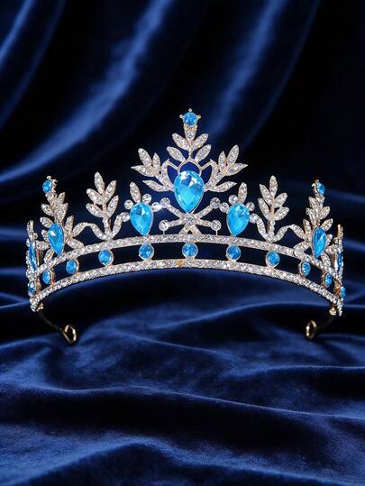 1 st huvudbonad med blått safirtema, visuellt fräsch och ljus, lämplig för sagolik stil, med gyllene ram, i kombination med blå safirdroppar och strassdetaljer, med bladstrukturdesign, kombinerar elegans och eterisk charm, lämplig för barn-/tonårsflickors födelsedagar, fester, fotografering, cosplay (t.ex. isprinsessa)