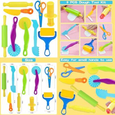 Dough Tool Set 9 Pcs Dough Tools Sets For Ages 4-8 Dough Accessories Includes Cutters Roller Rolling Pins Safety Scissors Plastic KnifeFull Of Fun