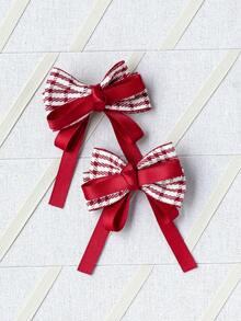 1 Pair Burgundy Bow Hairclips & Plaid Ribbon Hair Accessories, Handmade - Red - View 2