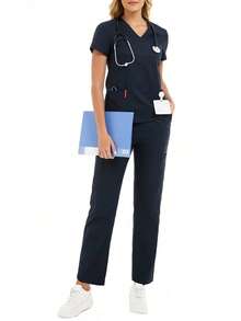 cimmuovere Uniform Set: V-Neck Short Sleeve Fitted Shirt And Drawstring Straight Leg Casual Pants, Workwear Set - Navy Blue - View 6