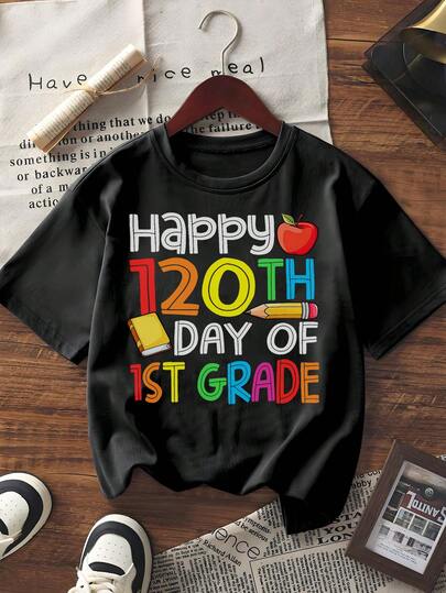 Women's Short Sleeve Graphic T-Shirt Happy 120th Day Of 1st Grade Print Crew Neck Casual Top For Back To School Teacher Student Daily Wear