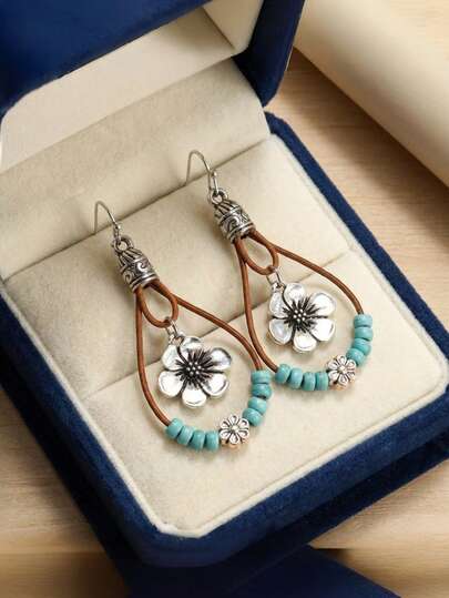 1 Pair Bohemian Style Alloy Plum Blossom Pendant With Turquoise Beads, Double Layer Dangle Earrings, Vintage Fashionable Jewelry Gift For Women, Suitable For All Seasons