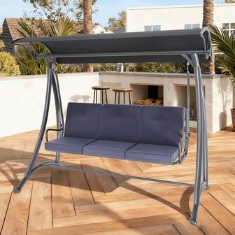 Outdoor Patio Swing, 3 Seat Porch Swing With Adjustable Canopy And Cup Holders, Waterproof Textilene Swing Chair For Backyard Garden Patio