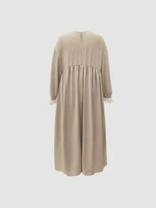 Plus Size Women Casual Solid Color Retro Minimalist Romantic Vacation Elegant Long Sleeve Loose Dress - Khaki - View 2