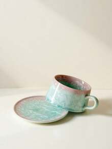 Crystalline Glaze Icy Flower Ceramic Coffee Mug, High-Quality Birthday Gift, Afternoon Tea, Housewarming Present, Nordic Style Milk/Water/Coffee Cup With Saucer - Pale Blue - View 3