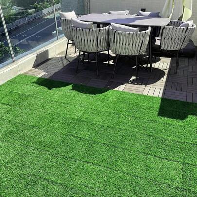 11pcs Grass Effect Tiles Splicing Decking Tiles, Artificial Grass Lawn Plastic Interlocking Flooring, Patio Decking Floor Tiles Garden Balcony Deck Tile, 30x30cm