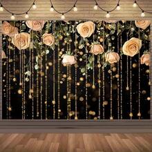 2D Flat 1 Elegant Pink Rose & Golden Glittery Background Luxurious Floral Party Decoration Background, Durable Polyester Fabric, Suitable For Wedding, Birthday, Anniversary Indoor/Outdoor Photo Booth Props, Wedding Decoration, Charming Design, Easy To Arrange - 1PCS - View 2