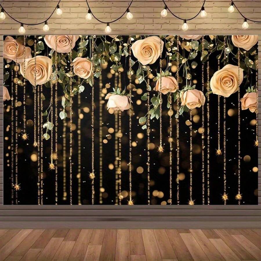 2D Flat 1 Elegant Pink Rose & Golden Glittery Background Luxurious Floral Party Decoration Background, Durable Polyester Fabric, Suitable For Wedding, Birthday, Anniversary Indoor/Outdoor Photo Booth Props, Wedding Decoration, Charming Design, Easy To Arrange