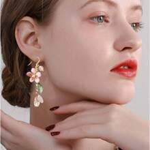 Pink Flower Dangle Earrings Women Cute Asymmetry Flower Earrings Fairy Statement Summer Refreshing Seaside Idyllic Holiday Earrings - style4 - 查看 2