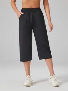 Women's High Waist Nylon Mesh Breathable Loose Fit Capri Pants With Side Pockets, Casual Sports Jogger Pants - Black - View 1