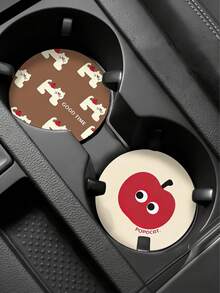 2pcs Car Cup Holders, Black Cat & Apple Shaped Anti-Slip Leather Coasters, Heat-Resistant, Dirt-Proof, Universal Fit Creative Car Interior Decor Mats