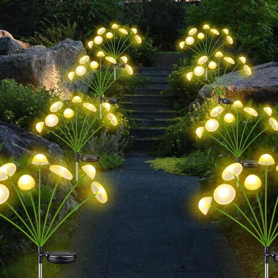 1 pièce Lampe solaire à 6 têtes en forme de méduse DIY, lampe solaire à éclairage chaud pour pelouse, décoration d'éclairage extérieur pour le camping, lampe de décoration de rue étanche, convient pour le couloir, le centre commercial, la pelouse, les fêtes, la Saint-Valentin, le Ramadan - lampadaires en forme de méduse - Voir 1