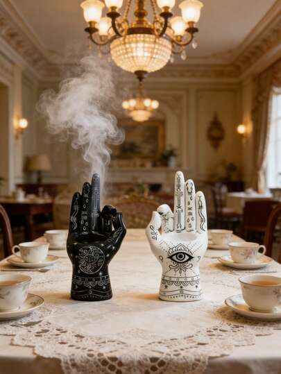 1个哈姆萨之手造型香炉，饰有天体符号，黑白蚀刻棕榈叶图案，波西米亚风格首饰托盘，饰有日月图案，适用于房间、家居、生日、厨房、卧室、客厅装饰，亦可作为礼物或派对用品。