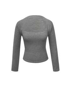 女士性感黑色长袖T恤，修身剪裁，时尚百搭，秋季必备 - 灰色 - 查看 6