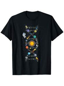 Men Solar System DNA Space Graphic T-Shirt Cotton Relaxed Fit Casual Tee With Planets Astronaut  Stars Print Black  Space Theme Party Everyday Outfit Cosmic Design Comfortable Material Printed Shirt Adult Men - 黑色 - 查看 1
