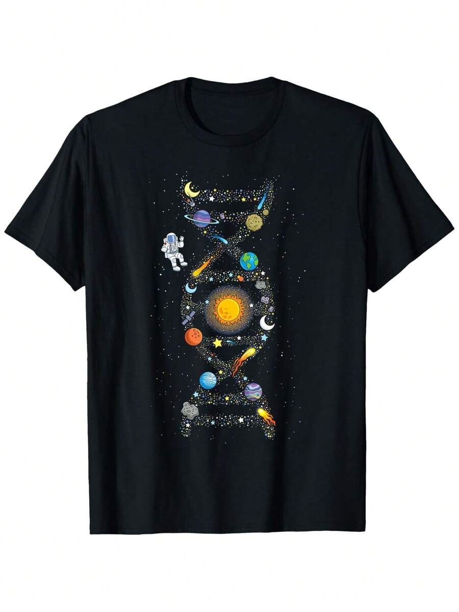 Men Solar System DNA Space Graphic T-Shirt Cotton Relaxed Fit Casual Tee With Planets Astronaut Stars Print Black Space Theme Party Everyday Outfit Cosmic Design Comfortable Material Printed Shirt Adult Men - 黑色 - 查看 1