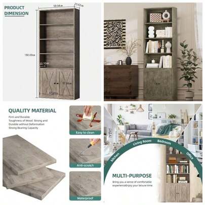 Bookshelf, Industrial Bookshelves And Bookcases With Doors Floor Standing 6 Shelf Display Storage Shelves 179 Centimeters Tall Bookcase Home Office, Living RoomBlack