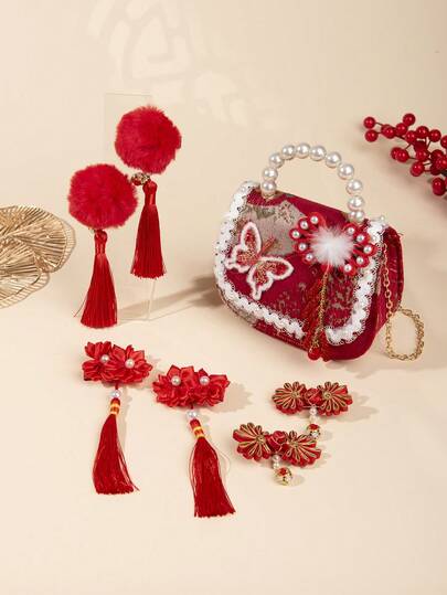 Conjunto de 7 piezas con accesorios para el cabello de estilo chino con bolas de pelo rojas y borlas + bolso de mano con bordado de mariposa y perlas, conjunto de regalo de Año Nuevo Hanfu
