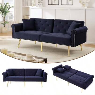 Modern 2-Sitzer-Schlafsofa – Samtbezug, Rückenlehne Mit 3-Stufiger Verstellung & Vergoldete Metallfüße Stilvolles Sofa Mit Schlaffunktion – Platzsparend, Belastbar, Ideal For Small Räume