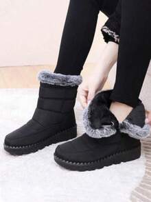 36-45 Yards Outdoor Thickened Thermal Lined Snow Boots For Women, Mid-Calf Length For Winter, Round Toe & Flat Heel Plus Size Waterproof & Slip-Resistant High-Tops Women's Boots, Winter Boots For Middle-Aged Women & Moms, Black - 黑色 - 查看 4