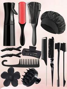 14pcs Natural Curl Hairstyling Tool Set, Including Spray Bottle, Sleep Cap, Curling Comb, Detangling Brush, Alligator Clips, Wet/Dry Hair Brushing Kit, Available In Pink/Black/Purple - Multicolor - View 2