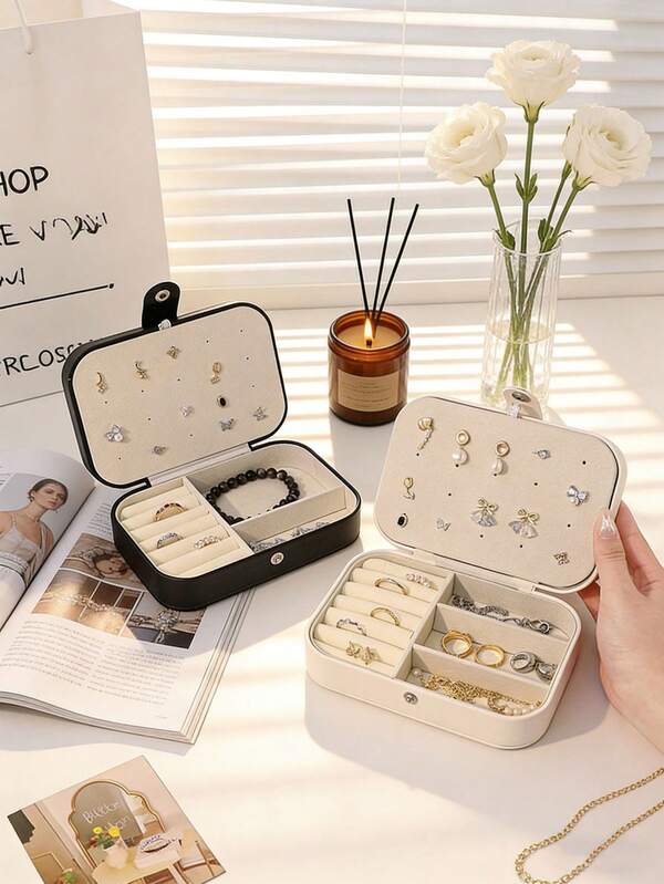 1个便携式按扣首饰盒，用于存放戒指、项链和耳环，按扣式首饰盒，戒指盒，手链项链盒，耳环盒，首饰收纳盒，大容量双层耳环收纳盒，PU简约便携式首饰盒，方形拉链首饰盒，时尚长方形首饰盒