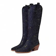 GOTHICTOR Sparkly Cowboy Knee High Boots For Women Pointed Toe Shiny Glitter Chunky Heel Side Zipper Western Cowgirl Dress Boots For Wedding Party - 寶藍色 - 查看 3