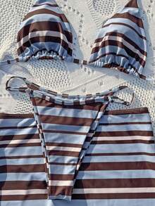 2026新款女士夏季法式复古蓝棕色条纹高腰两件式比基尼套装，带裙，性感沙滩度假风，热销条纹格子泳装 - 彩色 - 查看 8