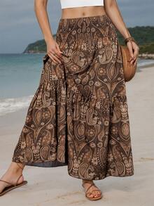 女士棕色波西米亚佩斯利印花高腰褶皱层叠A字型无弹力涤纶飘逸优雅长款连衣裙，适合度假、海滩、休闲日常穿着 - 棕色 - 查看 5
