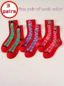 6/3/1 Pair, Plus Size Women's Neutral Cartoon Horse And Letter Printed Calf Socks, Red Socks, New Year Socks, Holiday Socks, Mid Leg Socks, Calf Socks, Short Socks - Multicolor - View 14