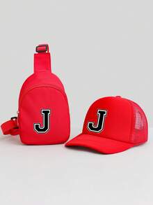 2pcs Kids Red 26 Letter Personalized Sponge Mesh Cap Set, Fashionable Cool Breathable Sunshade Hollow Design Baseball Cap & Compact Lightweight Versatile Pouch, Gift Set, Suitable For 5-8 Years Old Boys & Girls Casual, School, Travel In Spring/Summer - Red - View 6