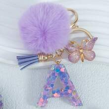 Cute Pom Pom Sequin Letter A-Z Resin Tassel Keychain, Wallet & Handbag Charm, Chain Backpack Pendant, Car Hanging Ornament, Girl Gift, School, Car Accessories, Gothic Y2k - Purple - View 5