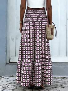 新款波西米亚风高腰弹力多层喇叭裙：紫棕色几何撞色印花，适合日常穿着、海滩度假、日光浴 - 彩色 - 查看 2