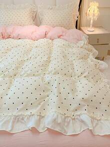 White/Pink Polka Dot Queen Size Bedding Set, 3pcs Cute Pink Bedding Set, 1pc Soft Ruffle Duvet Cover And 2pcs Pillow Shams - White - View 3
