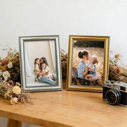 4pcs Vintage Distressed Gold/Silver Decorative Photo Frame Set, Displays 3.5x5", 4x6", 5x7", 6x8", 8x10" Photos, Horizontal & Vertical Orientation, Photo Wall, Suitable For Nordic Bedroom, Modern Living Room, Hallway, Gallery Wall Display, Great Gift For Valentine's Day. (Photo Paper Included Randomly)