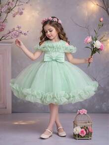 Young Girls' Round Neck Embroidered Sequin Bow Lily Satin Tulle Elegant Birthday Party Princess Dress, Suitable For School Graduation, Prom, Evening Gala, Does Not Include Headband - Green - View 1