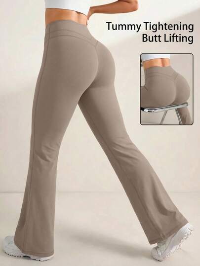  MFVIM 亚麻色喇叭裤，女士休闲阔腿裤，撞色高腰紧身瑜伽裤，修身透气舒适休闲运动跑步健身裤，轻盈面料，提腰显瘦长裤，可作外套穿着