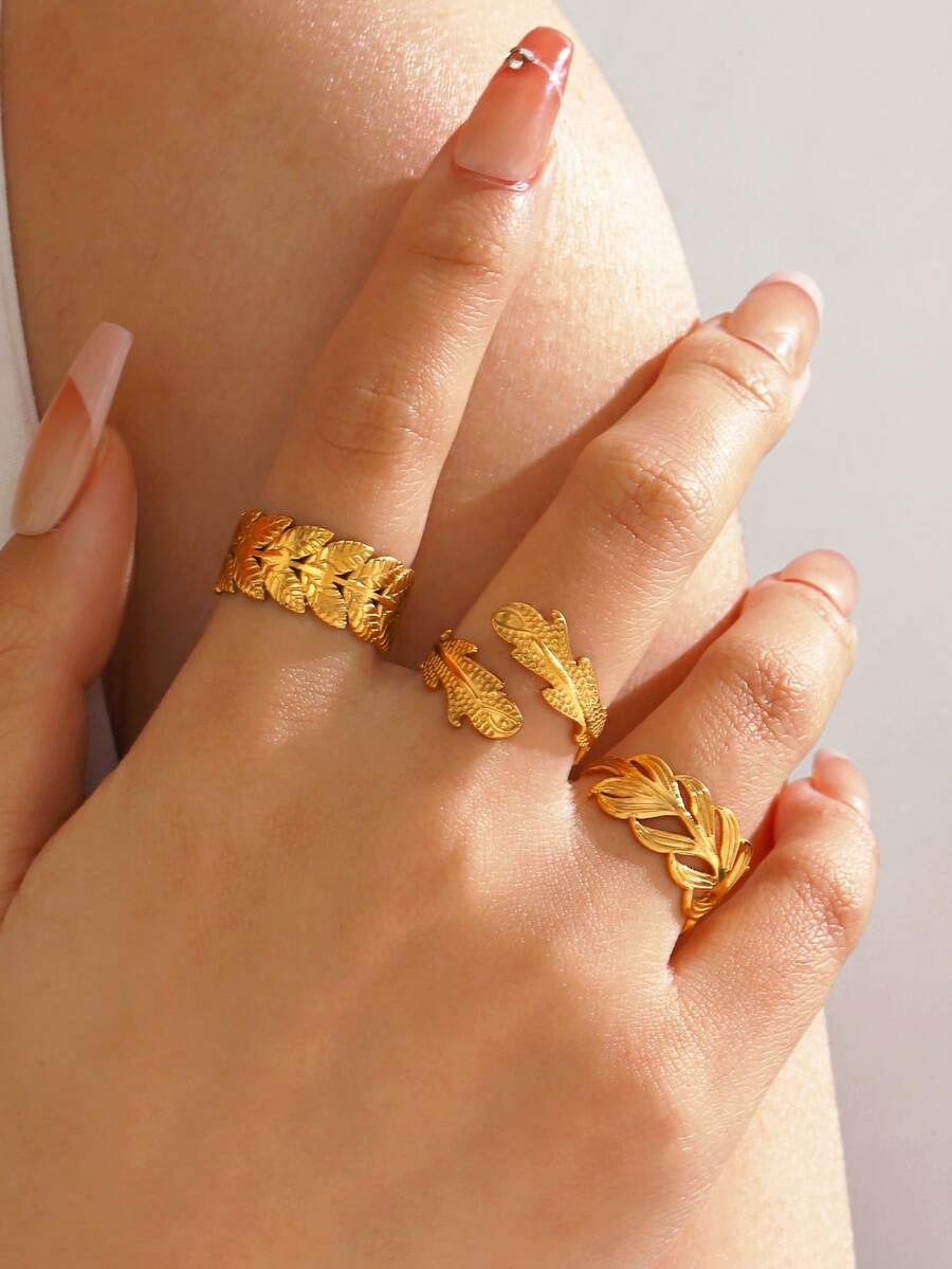 3pcs/Set Stainless Steel 18K Gold Plated Fashionable Feather Design Ring Set, Suitable For Women's Daily Wear And Parties