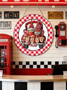 Gnome Valentine's Day Wreath Sign, Round Door Decor, Wooden Wall Decoration, Suitable For Home, Patio, Living Room, And Bedroom As A Festive Welcome Decoration, Perfect Valentine's Gift - Multicolor - View 1